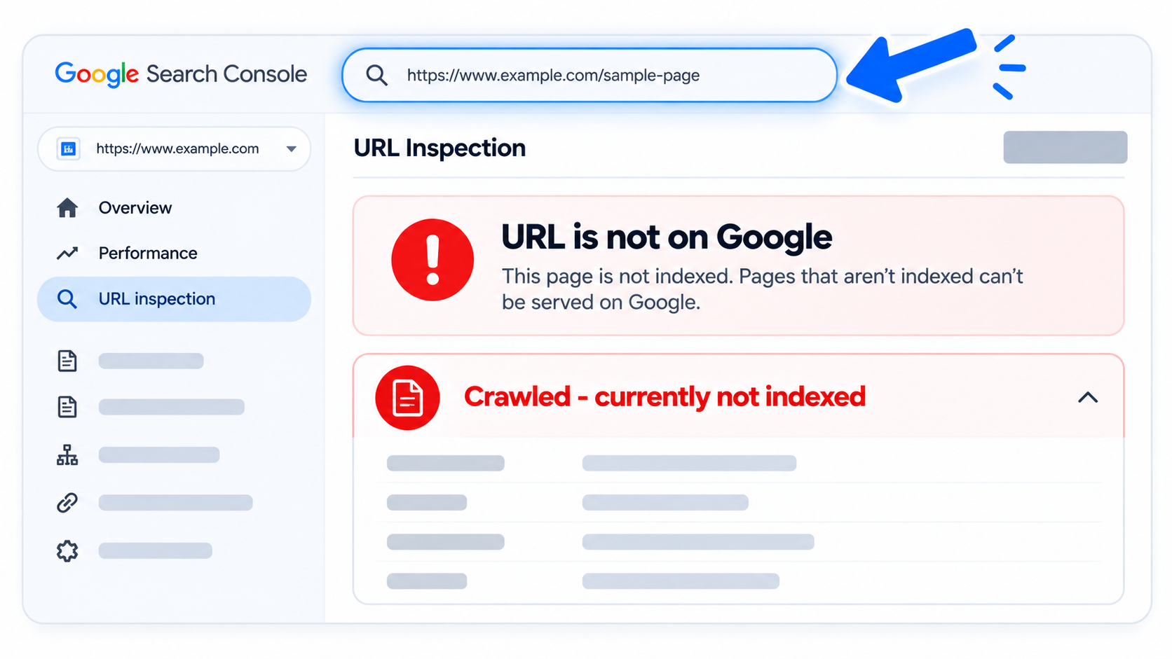 Stylized dashboard showing the Google Search Console URL Inspection tool search bar and current indexing status.