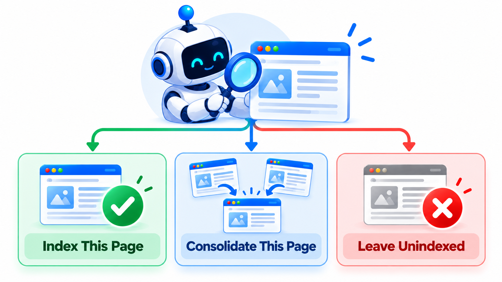 Decision tree showing three SEO outcomes for unindexed URLs: Index This Page, Consolidate This Page, and Leave Unindexed.